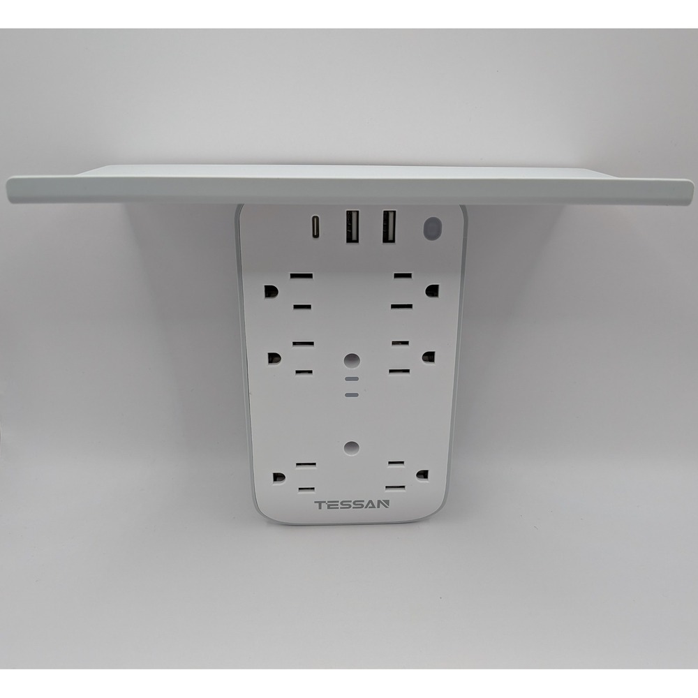 Tessan Outlet Extender with Shelf 6 AC Outlets 3 USB Ports Wall Plug WPG05 White